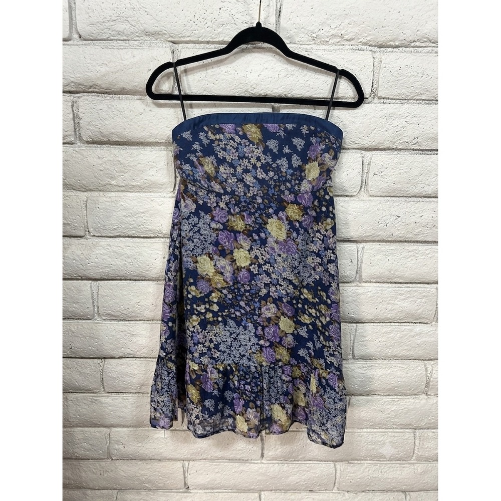 Remy Strapless Floral Mini Dress Blue Purple Yellow Smocked Back Ruffle Hem M